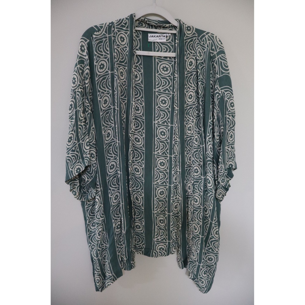 Boho Festival Jakarta California Kimono M Green Geometric Open Front Cardigan